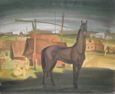 "Пейзаж с чёрным конём". 1980., б.,акв. 60х72