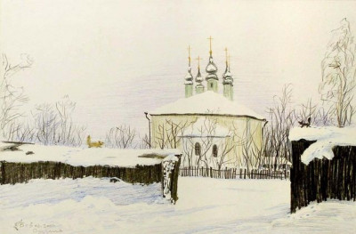 "Суздальская зима". 2001 г. Бум., цветной карандаш, 20х30