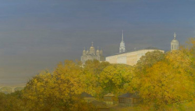 "Осеннее утро. Детинец." 2008. Холст, масло 100х175 ИРРИ, Москва.