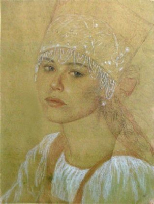"Девушка в русском костюме".2005,картон,пастель,50х40