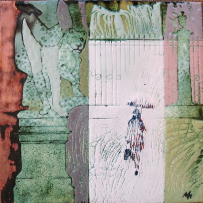 "Прогулка под дождём. Летний сад". 2009, 15х15, медь, эмаль, собственность Музея СПГХПА им. Штиглиц.