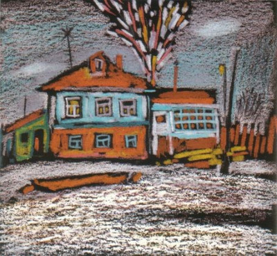 "Домик зимой". 2002. Картон, пастель. 10х12