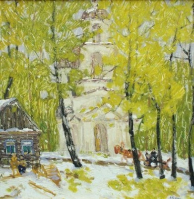 "Ранний снег в деревне Акиншино".1967г. 60 х 58,5, к. м